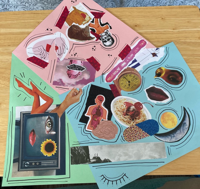 This collage consists of three pages of construction paper (pink, green, and blue) pasted in an overlapping manner, resembling a triangular wheel. The pink page includes sparkling text at the top reading “Y’all just aren’t that interesting.” Below this, a fabric doll with a skull for a head, a bed, and a person with long wavy hair touching their hand to their face. Next to this is a line drawing of two hands reaching out to touch together, but the drawing has been ripped in half. Finally, there is an image of a statue bust with a shape filled with squiggly lines pasted across their face. The green page features an image of an older television set. A face has been created on the screen, using a cut-out eye, lips, and a sunflower in place of the second eye. Two legs reach out of the side of the television, and a hand reaches out of the top toward the pink page. Finally, the blue page consists of a cartoon doctor with their head ripped off, a clock, a plate of spaghetti with a cherry on top, an anatomy model, a pill made out of sparkly and colorful paper, a full moon and a crescent moon, a shape that resembles tree rings, eyes and lips, and an image of two people looking out over a cliff. Each page is accented with lines and squiggles in black marker. 
